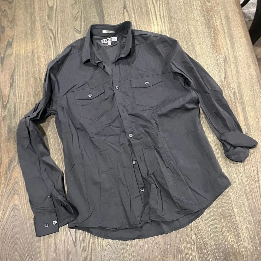 Express Button-Up Shirt Long Sleeve Fitted Double Chest Flap Pockets Gray Size L